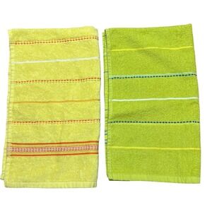 Fiesta Hand Towels Set 2 OS Green Yellow Brand New Striped Embroidered Cotton